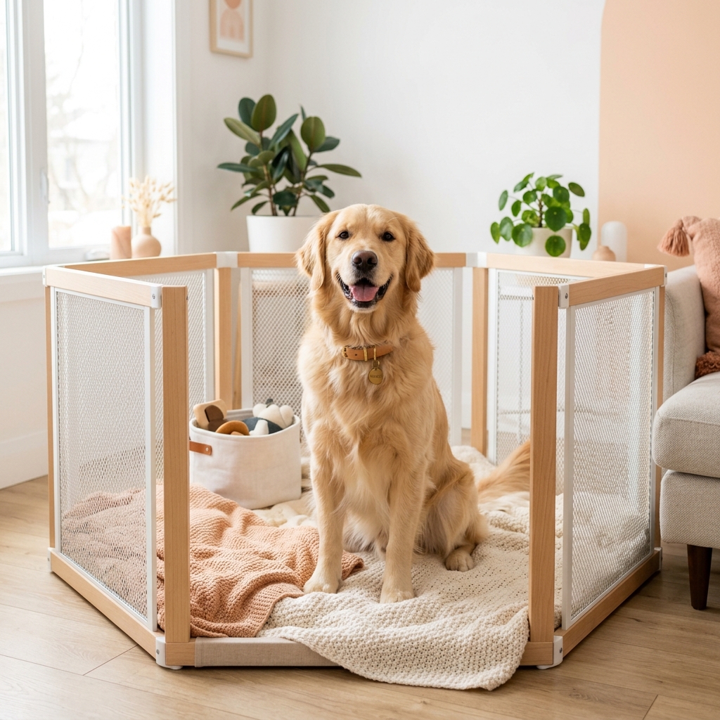 Happy dog in playpen