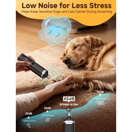 Dog Nail Grinder, Quiet Electric Dog Nail Trimmer with 2 LED Lights, 3-Speed Pet Nail Grinder for Dogs & Cats, Rechargeable 2000mAh Nail Grinder for Small Medium Large Dogs with Light, Black