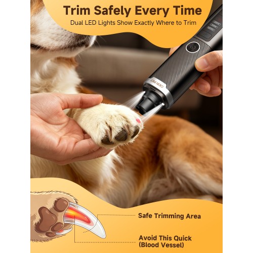 Dog Nail Grinder, Quiet Electric Dog Nail Trimmer with 2 LED Lights, 3-Speed Pet Nail Grinder for Dogs & Cats, Rechargeable 2000mAh Nail Grinder for Small Medium Large Dogs with Light, Black