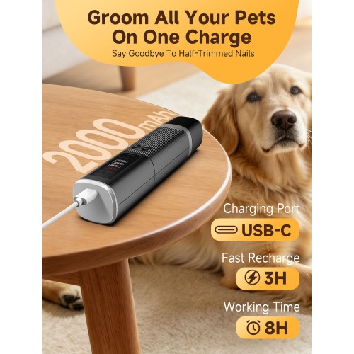 Dog Nail Grinder, Quiet Electric Dog Nail Trimmer with 2 LED Lights, 3-Speed Pet Nail Grinder for Dogs & Cats, Rechargeable 2000mAh Nail Grinder for Small Medium Large Dogs with Light, Black