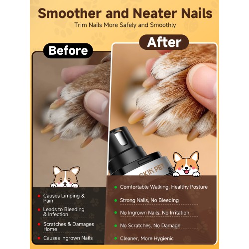 Dog Nail Grinder, Quiet Electric Dog Nail Trimmer with 2 LED Lights, 3-Speed Pet Nail Grinder for Dogs & Cats, Rechargeable 2000mAh Nail Grinder for Small Medium Large Dogs with Light, Black