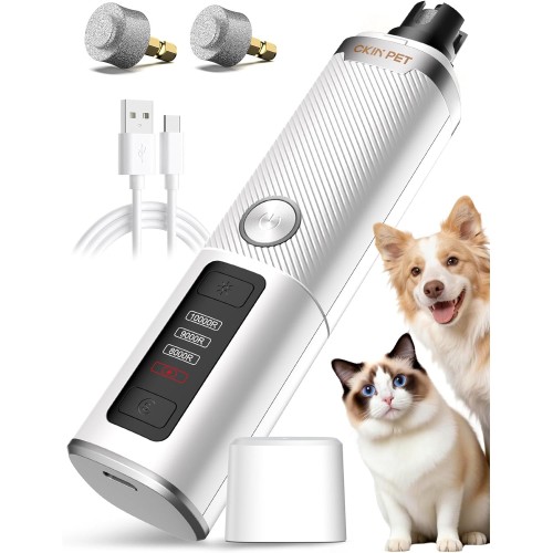 Ckin pet Dog Nail Grinder, Quiet Electric Dog Nail Trimmer with 2 LED Lights, 3-Speed Pet Nail Grinder for Dogs & Cats, Rechargeable 2000mAh Nail Grinder for Small Medium Large Dogs with Light, White