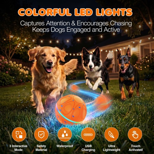 Interactive Dog Toy Balls Automatic Pet Ball Moving Bouncing & Rotating 3 Modes, Colorful Lights, Solid E-TPU Material, IPX7 Waterproof Active Rolling Balls for Medium and Large Dogs(Orange)