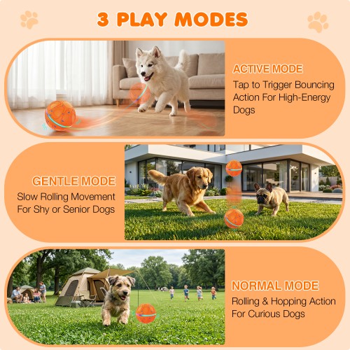Interactive Dog Toy Balls Automatic Pet Ball Moving Bouncing & Rotating 3 Modes, Colorful Lights, Solid E-TPU Material, IPX7 Waterproof Active Rolling Balls for Medium and Large Dogs(Orange)