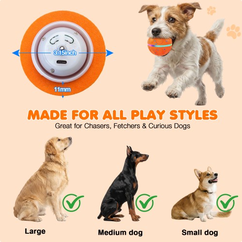 Interactive Dog Toy Balls Automatic Pet Ball Moving Bouncing & Rotating 3 Modes, Colorful Lights, Solid E-TPU Material, IPX7 Waterproof Active Rolling Balls for Medium and Large Dogs(Orange)