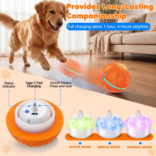 Interactive Dog Toy Balls Automatic Pet Ball Moving Bouncing & Rotating 3 Modes, Colorful Lights, Solid E-TPU Material, IPX7 Waterproof Active Rolling Balls for Medium and Large Dogs(Orange)
