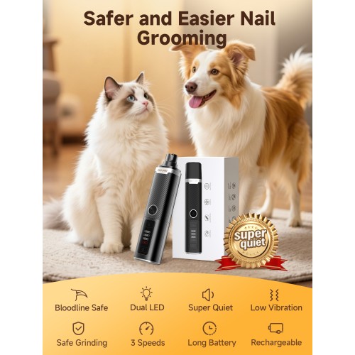 Dog Nail Grinder, Quiet Electric Dog Nail Trimmer with 2 LED Lights, 3-Speed Pet Nail Grinder for Dogs & Cats, Rechargeable 2000mAh Nail Grinder for Small Medium Large Dogs with Light, Black