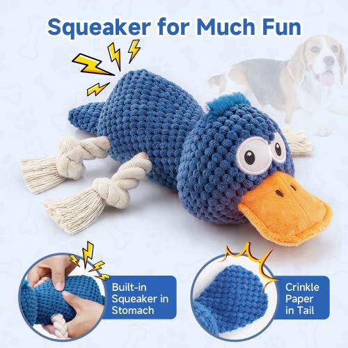 Ckin pet Squeaky Dog Toys, Interactive Duck Dog Toy for Small Medium Dogs, Puppy Teething Toys with Crinkle Sound, Soft Plush Toy for Indoor Outdoor Play - Blue Duck