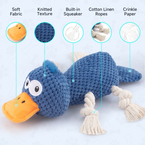 Ckin pet Squeaky Dog Toys, Interactive Duck Dog Toy for Small Medium Dogs, Puppy Teething Toys with Crinkle Sound, Soft Plush Toy for Indoor Outdoor Play - Blue Duck