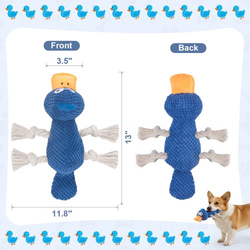 Ckin pet Squeaky Dog Toys, Interactive Duck Dog Toy for Small Medium Dogs, Puppy Teething Toys with Crinkle Sound, Soft Plush Toy for Indoor Outdoor Play - Blue Duck