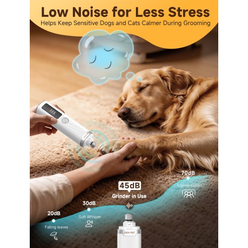 Ckin pet Dog Nail Grinder, Quiet Electric Dog Nail Trimmer with 2 LED Lights, 3-Speed Pet Nail Grinder for Dogs & Cats, Rechargeable 2000mAh Nail Grinder for Small Medium Large Dogs with Light, White