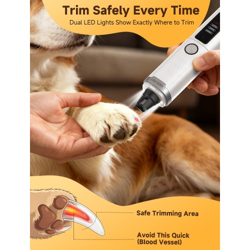 Ckin pet Dog Nail Grinder, Quiet Electric Dog Nail Trimmer with 2 LED Lights, 3-Speed Pet Nail Grinder for Dogs & Cats, Rechargeable 2000mAh Nail Grinder for Small Medium Large Dogs with Light, White