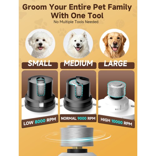 Ckin pet Dog Nail Grinder, Quiet Electric Dog Nail Trimmer with 2 LED Lights, 3-Speed Pet Nail Grinder for Dogs & Cats, Rechargeable 2000mAh Nail Grinder for Small Medium Large Dogs with Light, White