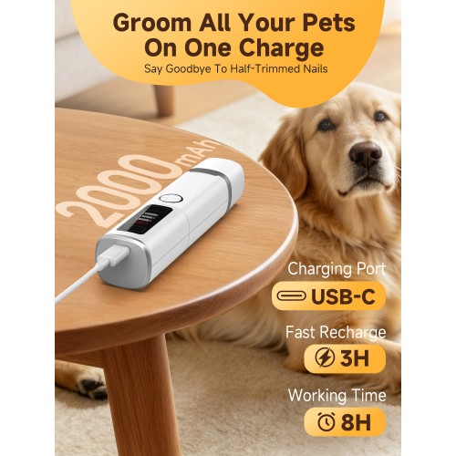 Ckin pet Dog Nail Grinder, Quiet Electric Dog Nail Trimmer with 2 LED Lights, 3-Speed Pet Nail Grinder for Dogs & Cats, Rechargeable 2000mAh Nail Grinder for Small Medium Large Dogs with Light, White