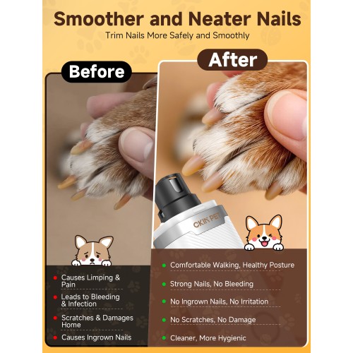 Ckin pet Dog Nail Grinder, Quiet Electric Dog Nail Trimmer with 2 LED Lights, 3-Speed Pet Nail Grinder for Dogs & Cats, Rechargeable 2000mAh Nail Grinder for Small Medium Large Dogs with Light, White