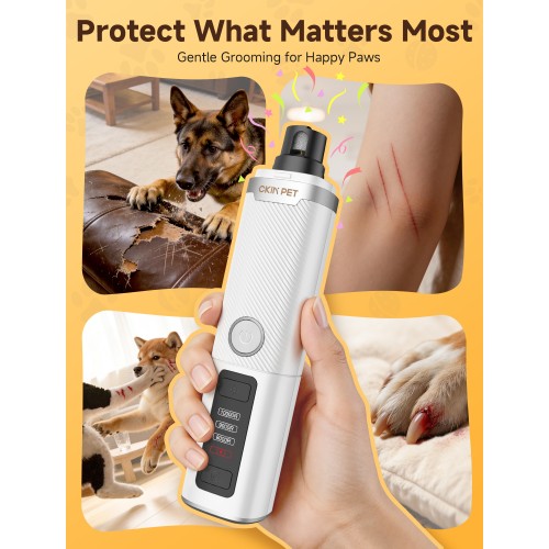 Ckin pet Dog Nail Grinder, Quiet Electric Dog Nail Trimmer with 2 LED Lights, 3-Speed Pet Nail Grinder for Dogs & Cats, Rechargeable 2000mAh Nail Grinder for Small Medium Large Dogs with Light, White